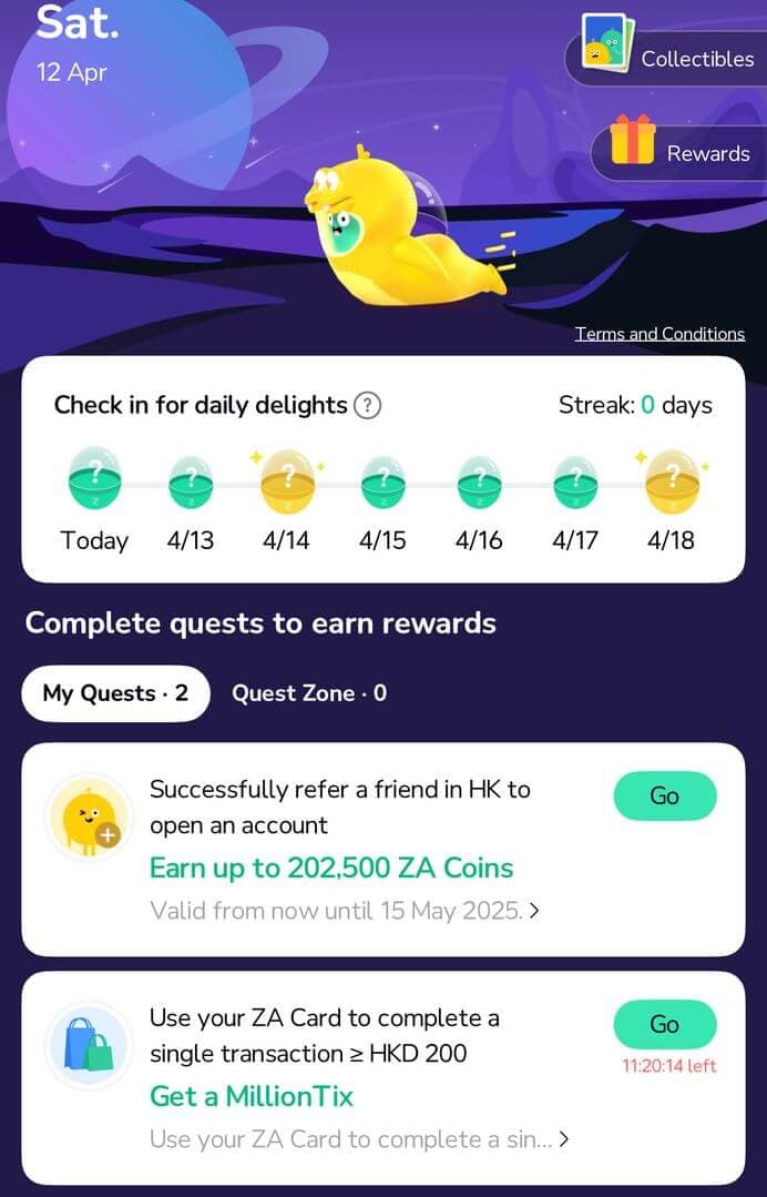 ZA Bank应用界面与每日签到奖励